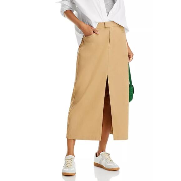 Paige Khaki Beige Cotton Blend Maureen Midi Skirt with Front Slit Size 8 - Picture 1 of 10